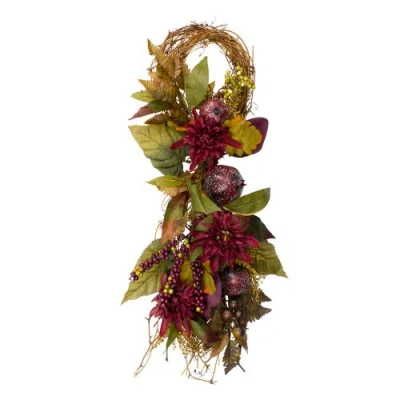 NORTHLIGHT NORTHLIGHT 28" AUTUMN HARVEST MUMS WITH POMEGRANATE GRAPEVINE TEARDROP SWAG