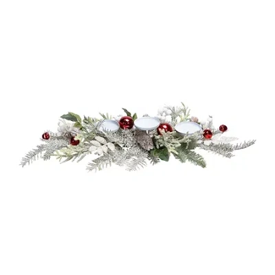 Northlight 28" Frosted Winter Greenery And Jingle Bells Pillar Candle Holder