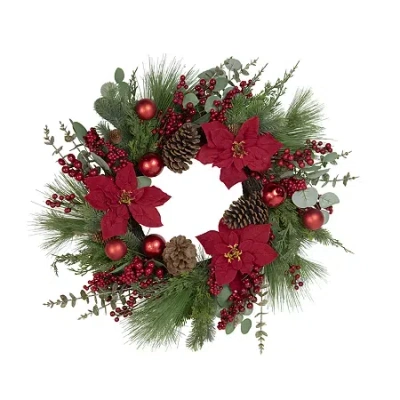 Northlight 28in Red Berry And Poinsettia Wreath In Green