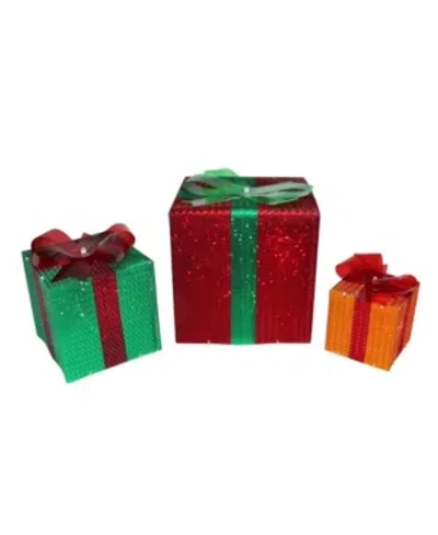 Northlight 3-piece Lighted Glistening Gift Box And Bow Outdoor Christmas Decoration In Multi
