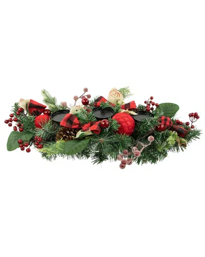 Northlight 30in Green Pine Triple Candle Holder With Bows And Plaid Christmas  Ornaments