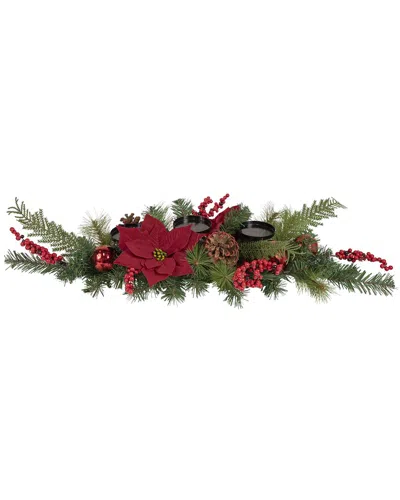 Northlight 32in Artificial Mixed Pine Berries And Poinsettia Christmas Candle  Holder Centerpiece In Multi