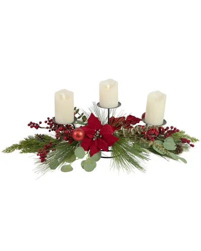 Northlight 32in Triple Candle Holder With Red Berry And Poinsettia Christmas  Decor In Black