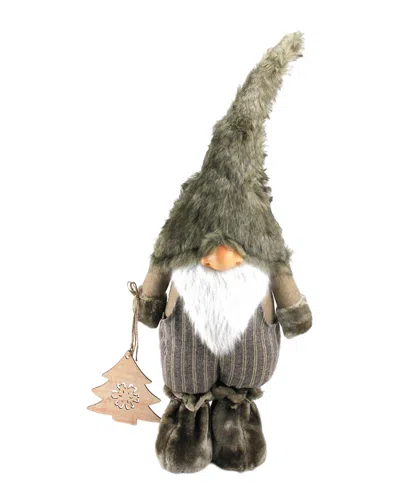 Northlight 33in Large Woodland Gnome With Striped Pants Holding Christmas Tree In Gray