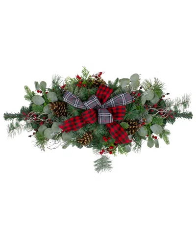 Northlight 36" Dual Plaid Bows And Red Berries Artificial Christmas Swag Unlit In Multi