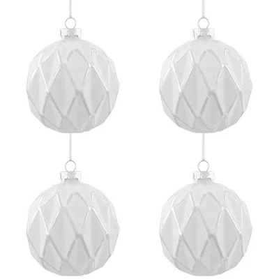 Northlight 4" 4ct Embossed Diamon Glass Ball Christmas Ornament In White