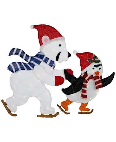 Northlight 41.25" Lighted Ice-skating Polar Bear And Penguin Outdoor Christmas Decoration In Red