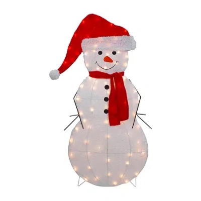 Northlight 42in Lighted 2d Chenille Snowman In Santa Hat Christmas Yard Art In White