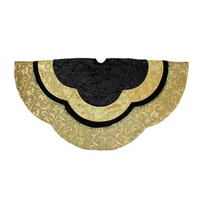 NORTHLIGHT 48'' BLACK AND GOLD VELVETEEN FLORAL SCALLOP CHRISTMAS TREE SKIRT
