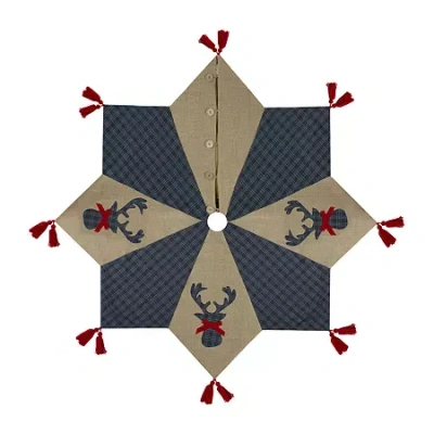 Northlight 48" Blue And Brown Burlap And Plaid Reindeer With Tassels Indoor Tree Skirt In Multi
