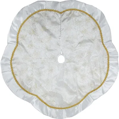 Northlight 48" White And Gold Glitter Poinsettia Scalloped Christmas Tree Skirt