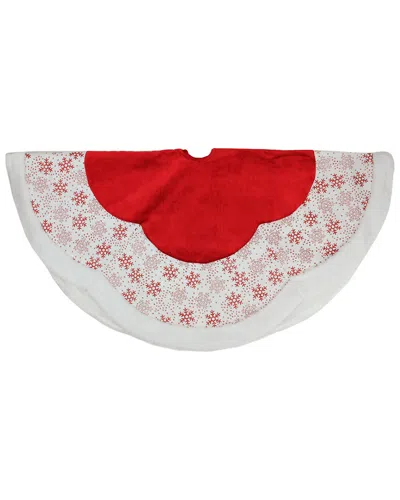 Northlight 48in Country Cabin Red & White Glitter Snowflake Scallop Christmas Tree Skirt With Faux F