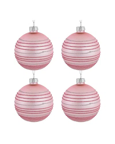Northlight 4-count Glitter Striped Glass Christmas Ball Ornaments In Pink