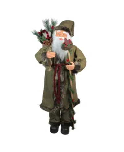 Northlight 51" Plush Standing Santa Claus Christmas Figure With Gift Bag And Staff In Green