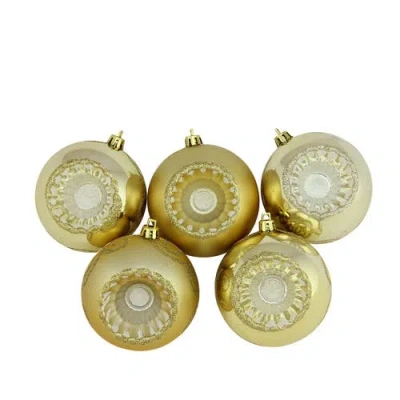 Northlight 5ct Gold Shatterproof 2-finish Retro Reflector Christmas Ball Ornaments 3.25"