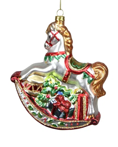 NORTHLIGHT NORTHLIGHT 5IN WHITE AND RED ROCKING HORSE WITH GIFTS GLASS CHRISTMAS ORNAMENT