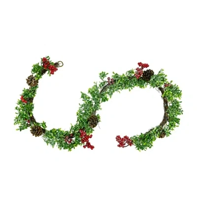 Northlight 6' Glittered Artificial Boxwood Pine Cone And Red Berry Christmas Garland- Unlit In Green