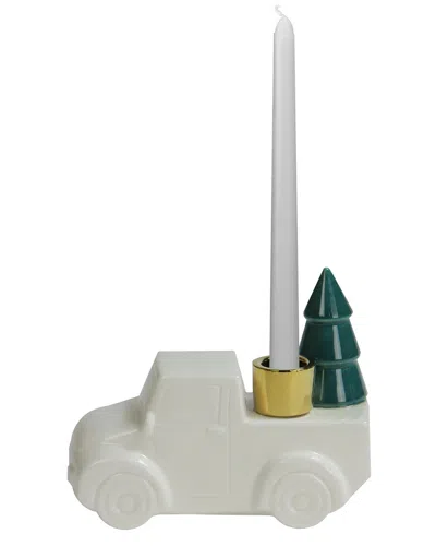 Northlight 6 White Ceramic Truck With Christmas Tree Taper Candlestick Holder