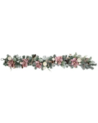 Northlight 6ft Pink Floral & Ball Ornament Frosted Pine Artificial Garland In Green