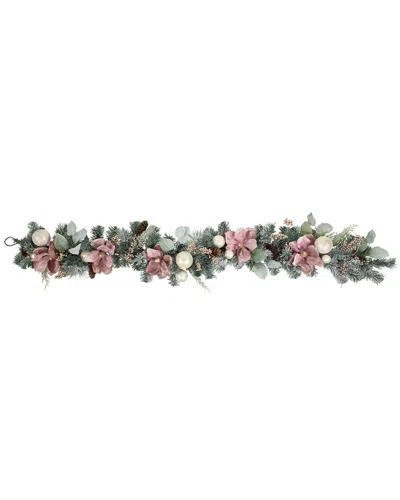 Northlight 6ft Pink Floral & Ball Ornament Frosted Pine Artificial Garland In Green