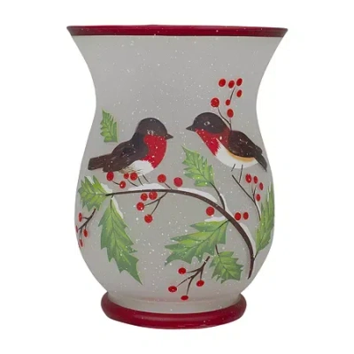 Northlight 8" Hand Painted Finches And Pine Glass Candle Holder In White