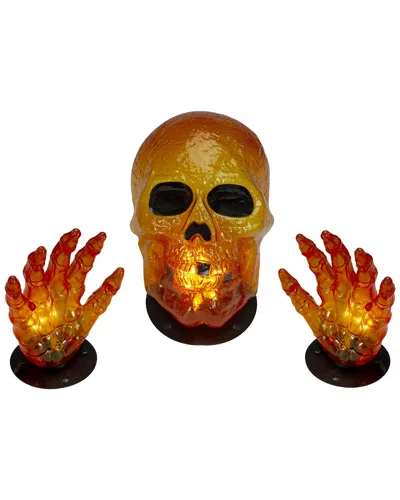 Northlight 8.5in Lighted Skull & Hands Outdoor Halloween Yard Art In Orange