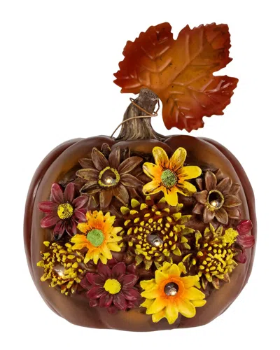 Northlight 8in Lighted Solar Powered Floral Fall Harvest Pumpkin Decoration In Brown