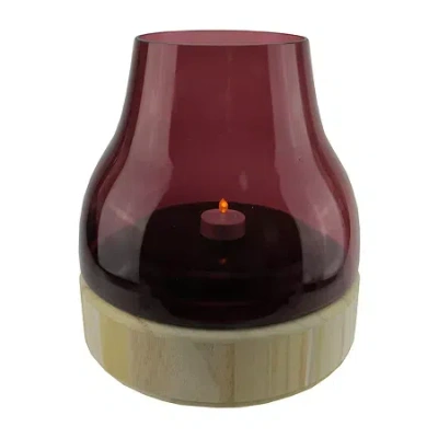 Northlight 9.75'' Merlot Colored Glass Pillar Candle Holder With Wooden Base In Purple