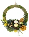 Northlight 9" Easter Egg And Bird Nest Wreath With Wooden Flowers In Green