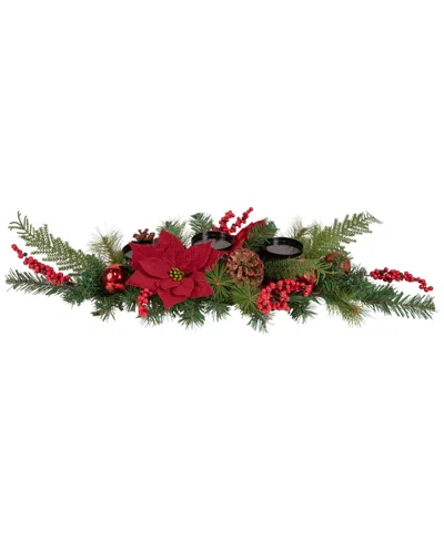 Northlight Artificial Mixed Pine Berries And Poinsettia Christmas Candle Holder Centerpiece, 32" In Green