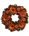 Northlight Autumn Harvest Orange Flowers And Gourds Pine Cone Wreath  13.25-in Unlit In Orange