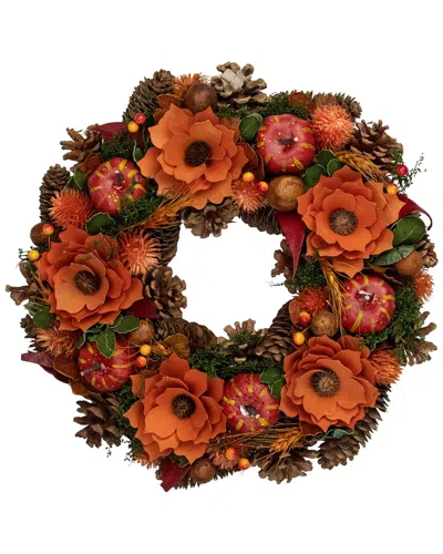 Northlight Autumn Harvest Orange Flowers And Gourds Pine Cone Wreath  13.25-in Unlit