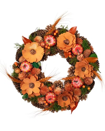 Northlight Autumn Harvest Orange Flowers And Gourds Pine Cone Wreath 13.25-in  Unlit