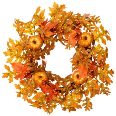 Northlight Autumn Leaves Pumpkins And Berries Artificial Fall Harvest Wreath In Orange