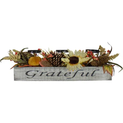 Northlight Autumn Sunflower "grateful" Triple Candle Holder Centerpiece In Gray