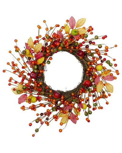Northlight Berries & Apples Foliage Twig Artificial Thanksgiving Wreath In Orange