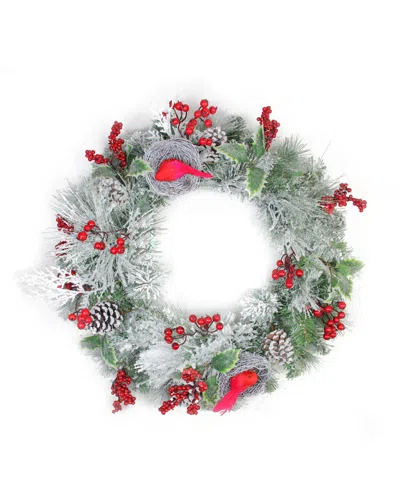 Northlight Berries And Cardinals In Nests Flocked Artificial Christmas Wreath 24 In Green