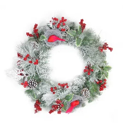 Northlight Berries And Red Cardinals In Nests Flocked Artificial Christmas Wreath 24-inch Unlit In Multi