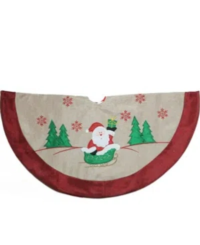 NORTHLIGHT BURLAP SANTA CLAUS IN SLEIGH EMBROIDERED CHRISTMAS TREE SKIRT