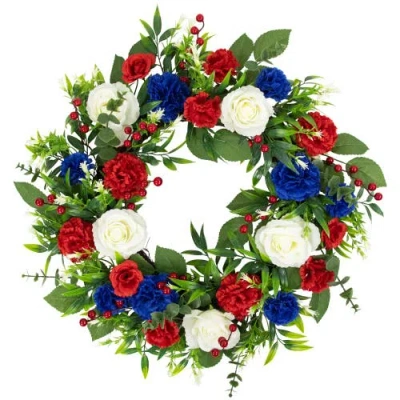 Northlight Carnation And Rose Artificial Americana Wreath In Red
