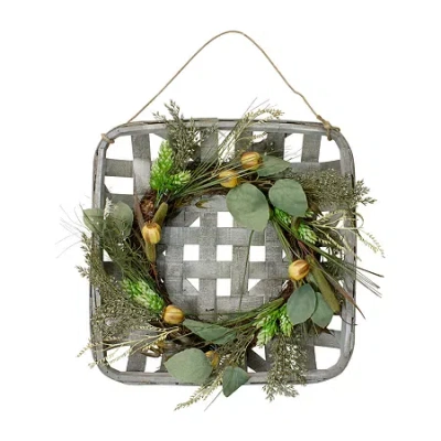 Northlight Cattail Grapevine Wooden Tray Hanging Wreath In Green