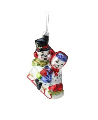 Northlight Cheerful Sledding Snowmen Couple Glass Christmas Ornament In White