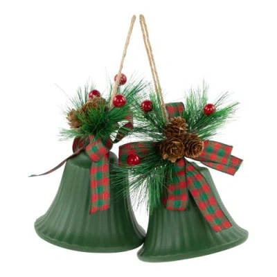 Northlight Christmas Bells With Pinecones And Plaid Bow Ornaments In Green