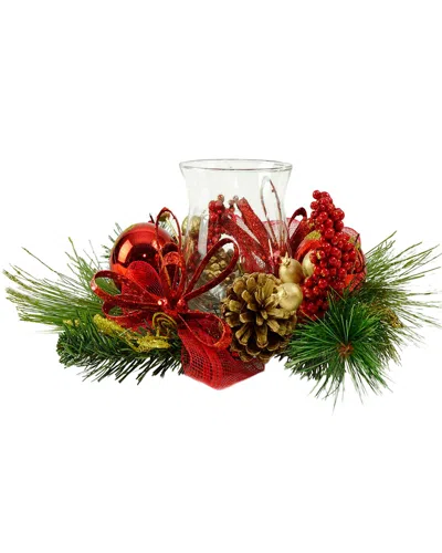 Northlight Discontinued  18in Green Pine Red & Gold Glittered Berry Christmas Hurricane Pillar Candle