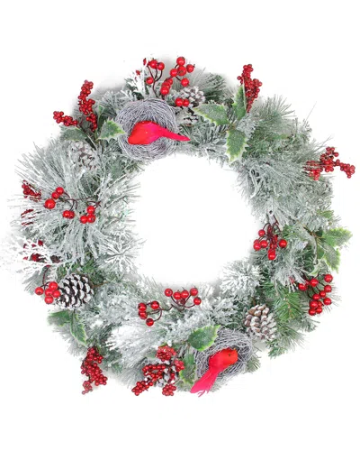 NORTHLIGHT DISCONTINUED NORTHLIGHT BERRIES & RED CARDINALS IN NESTS FLOCKED ARTIFICIAL CHRISTMAS WREATH