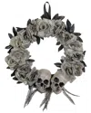 Northlight Double Skull And Gray Roses Halloween Wreath, 16-inch, Unlit In Gray