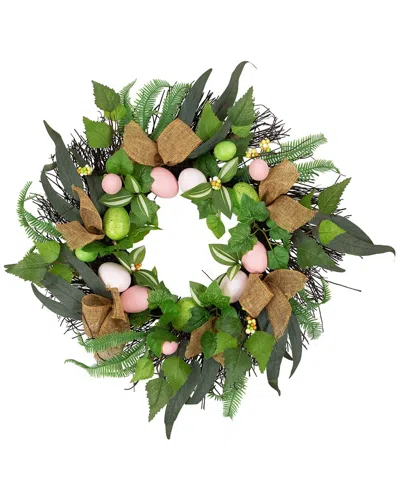 Northlight Easter Egg & Burlap Ribbon Mixed Foliage Twig Wreath In Green