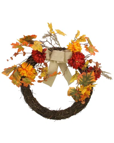 Northlight Fall Foliage With Mum Flowers Artificial Thanksgiving Twig Wreath  20-inch In Orange