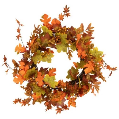 Northlight Fall Harvest Gold Berries And Autumn Leaves Artificial Twig Wreath In Orange