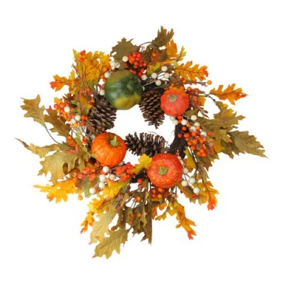 NORTHLIGHT NORTHLIGHT FALLEN LEAVES WITH PINE CONES AND PUMPKINS ARTIFICIAL THANKSGIVING WREATH, ORANGE 24-INCH